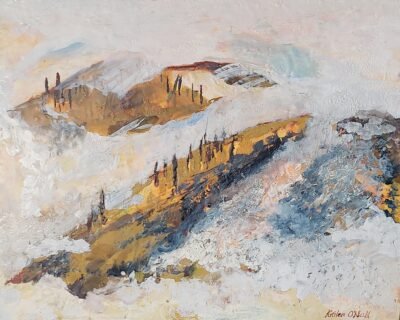 Encaustic painting of hills in the fog, long after a wildfire